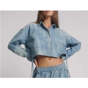 One Teaspoon Cloudy Blue Denim Bubble Shirt Small Cropped Tie Dye Jacket NWT